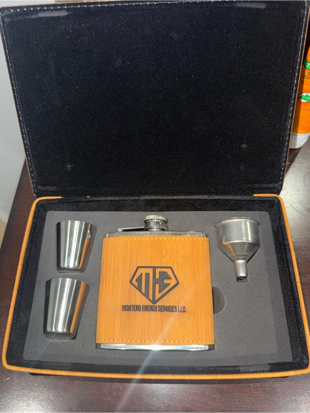 Engraved Bamboo Flask Gift Set with Steel Cups & Funnel - Orange Brown